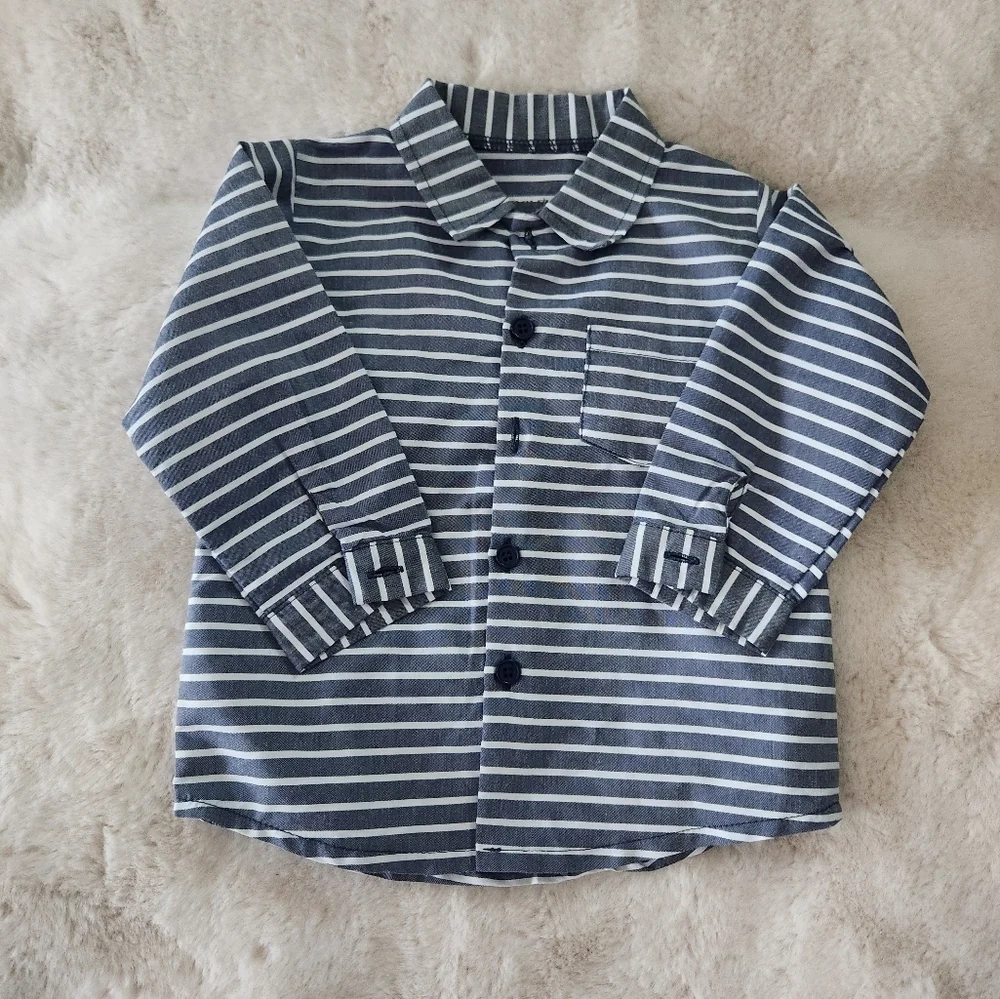 Badgley Mischka Boy's Gray Stripe Button Down Long Sleeve‎ Shirt 18-24 mnth